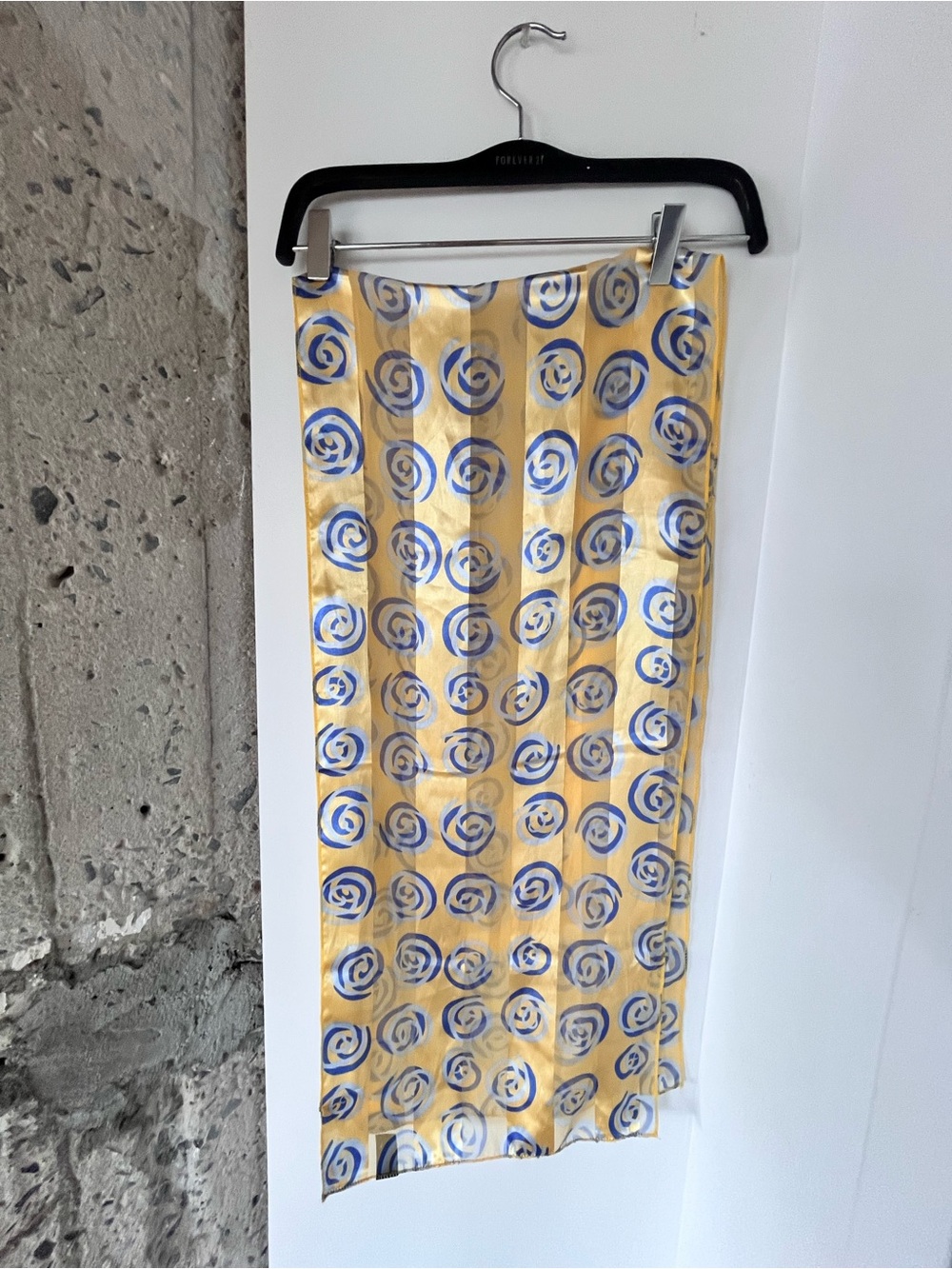 Yellow & Blue Printed Satin Scarf - Contemporary Swirl Print